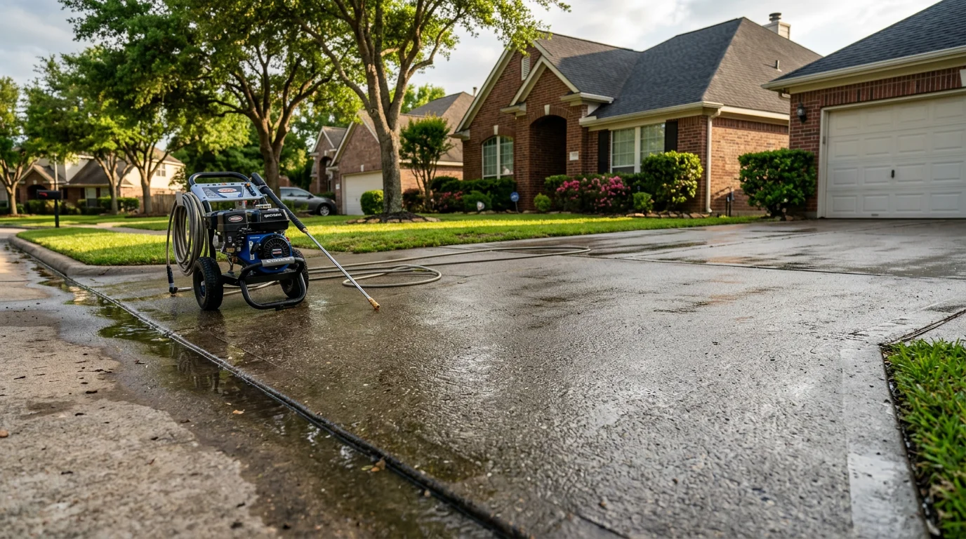 Professional pressure washing of a residential driveway in Katy, Texas