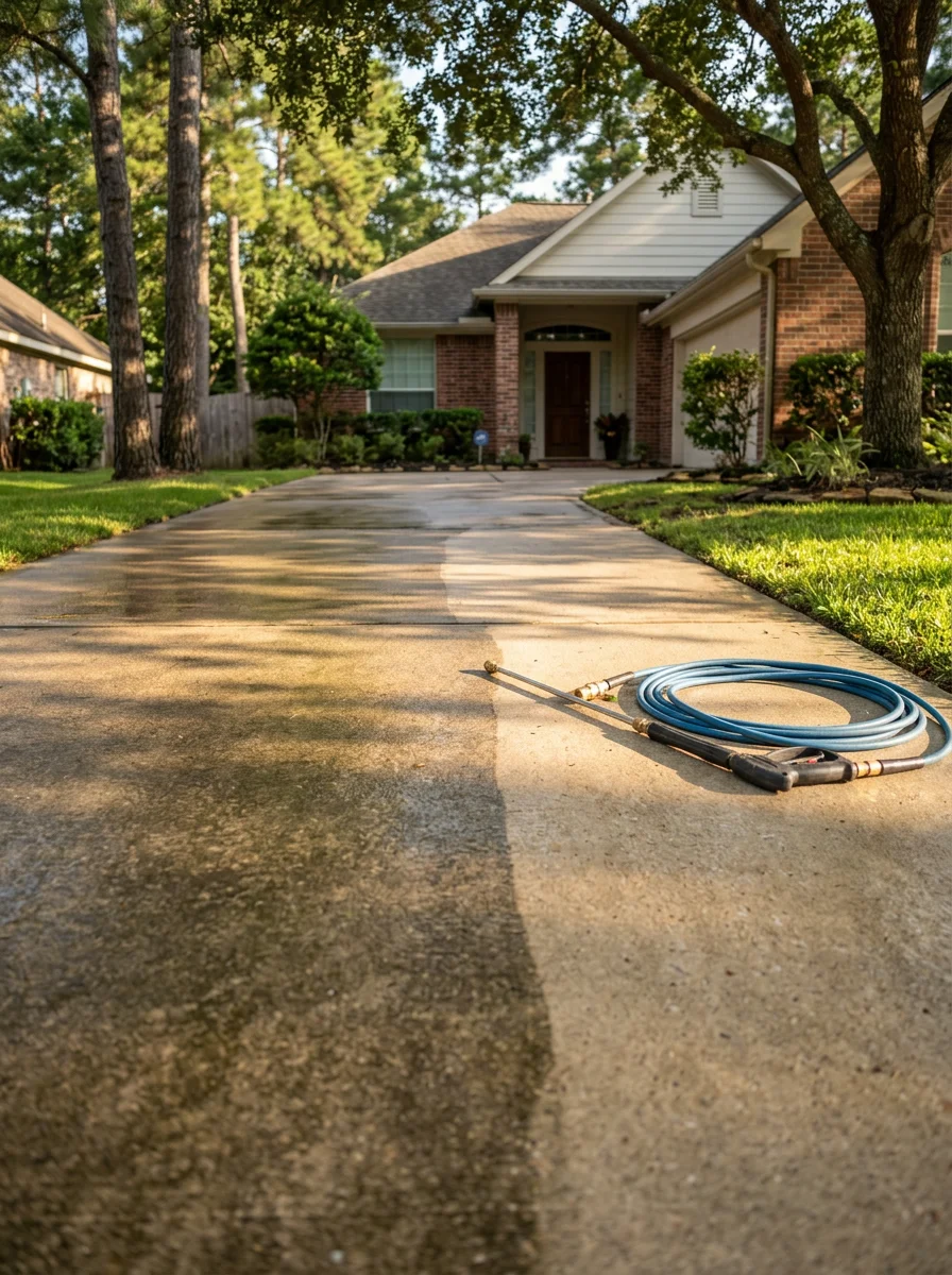 Pressure washing a shaded concrete driveway in a Cypress, TX subdivision, removing green algae staining caused by persistent tree canopy shade.
