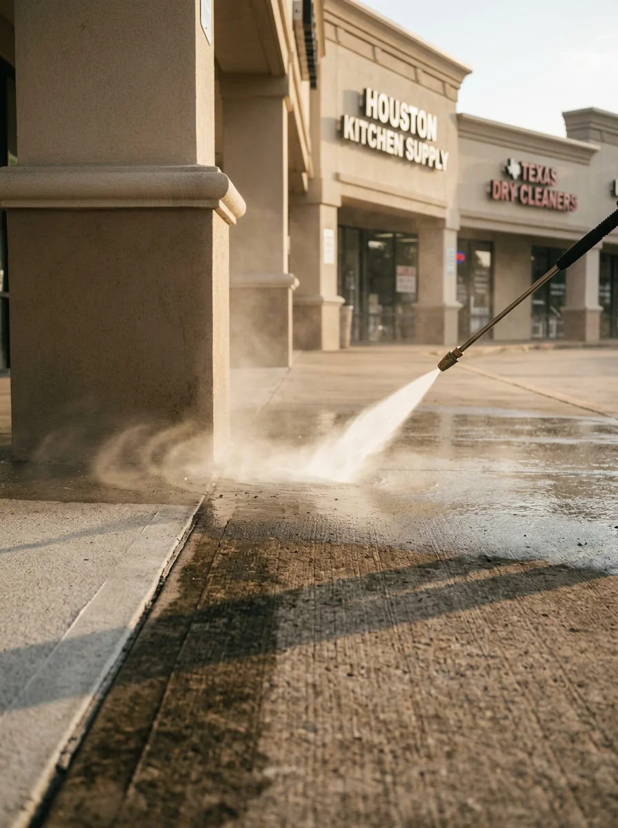 Pressure washing a commercial storefront sidewalk in a Houston strip center, removing organic staining and vehicle exhaust residue from the concrete.