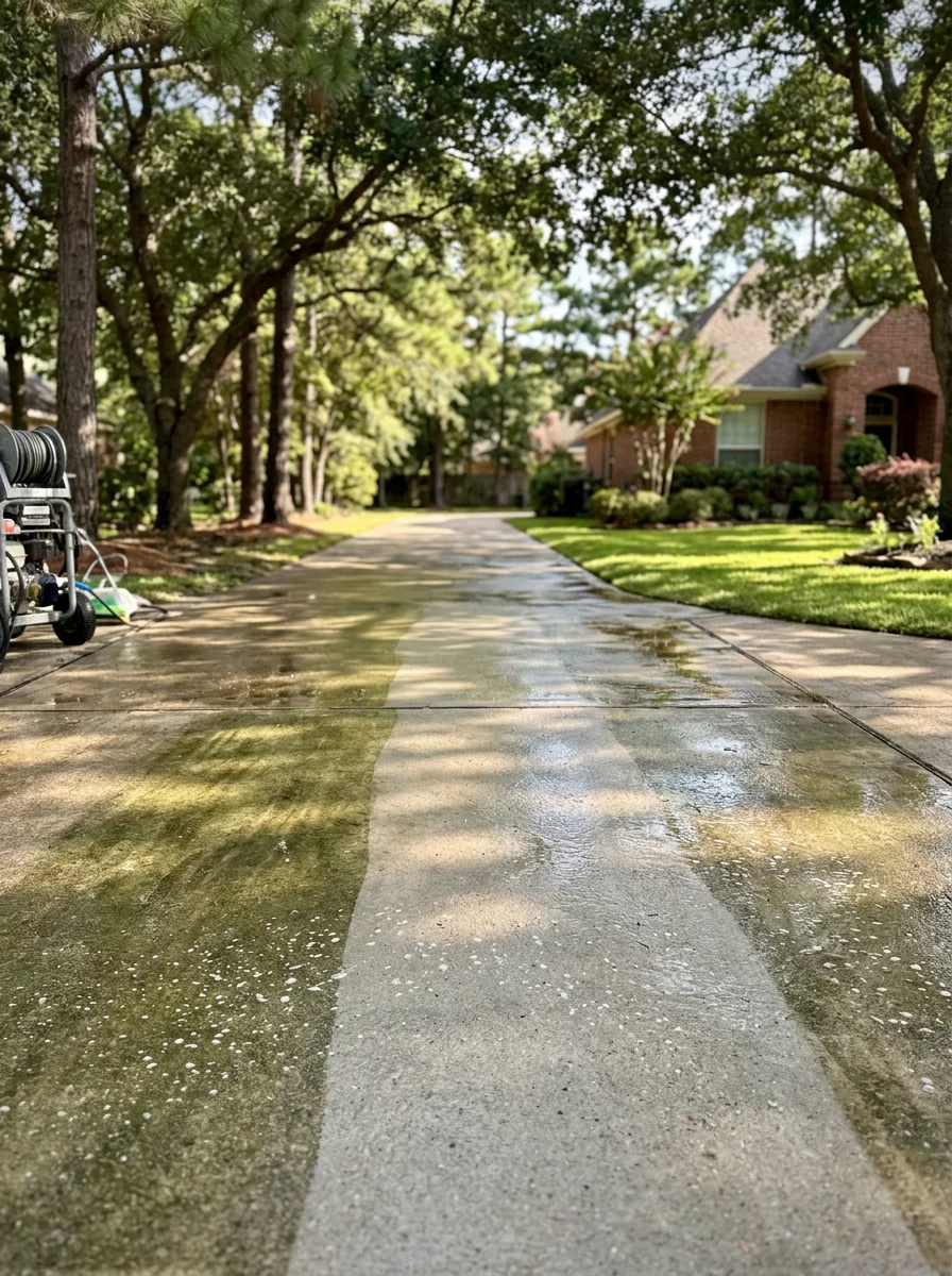 Pressure washing a long concrete driveway under heavy tree canopy in Jersey Village, TX, removing green algae staining from the surface.