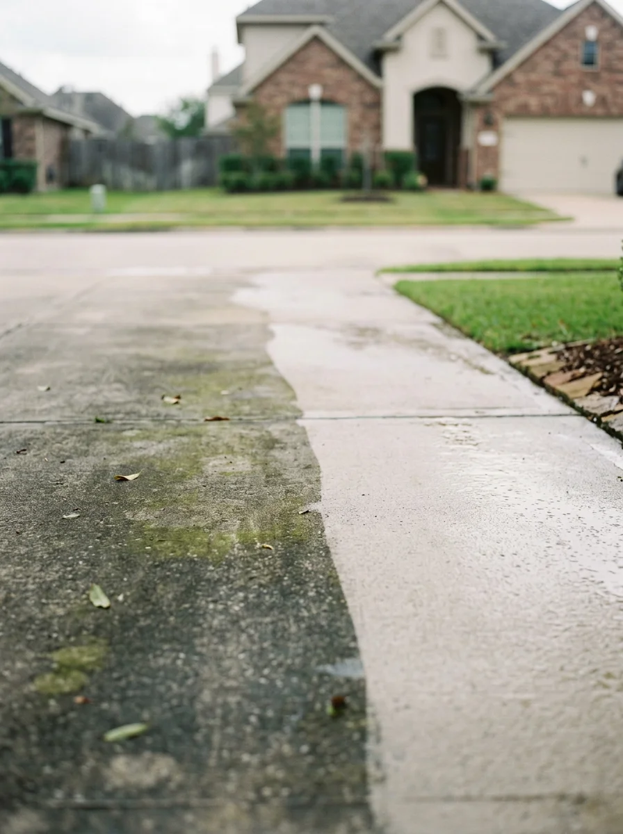 Close-up of a concrete driveway in a Katy subdivision before and after pressure washing, showing removal of green algae and oil staining.