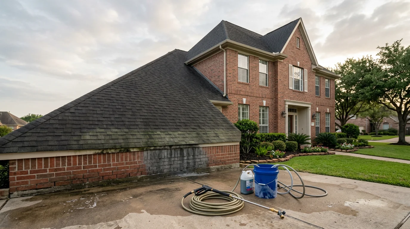 Soft washing technician cleaning algae from an asphalt shingle roof on a two-story brick home in a Katy, TX master-planned community.