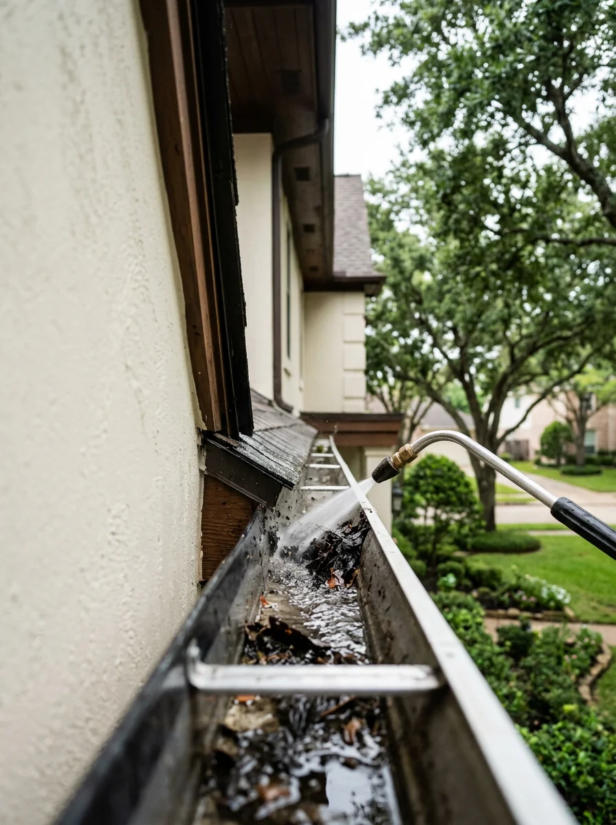 Gutter cleaning in progress on a traditional colonial-style home in Sugar Land's First Colony neighborhood, with debris removed from the trough.