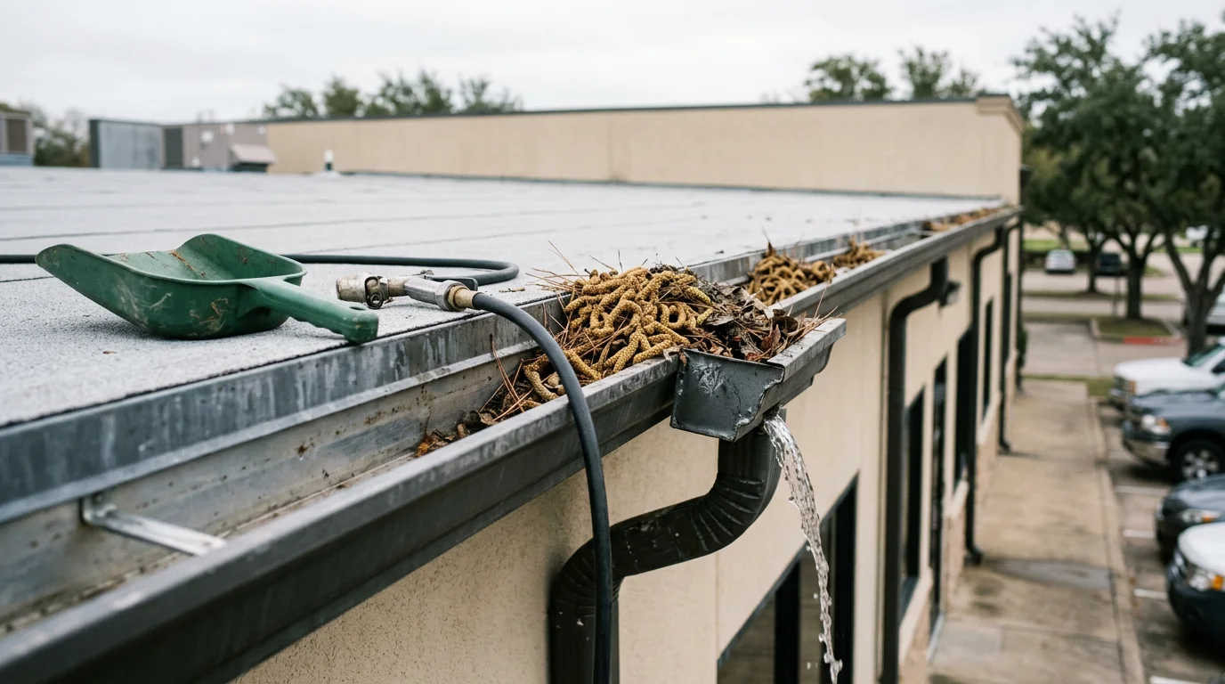 A commercial building roofline in Katy, TX with a technician clearing packed leaf and debris buildup from a gutter system. Downspouts are flushed and water flows freely away from the building foundation.