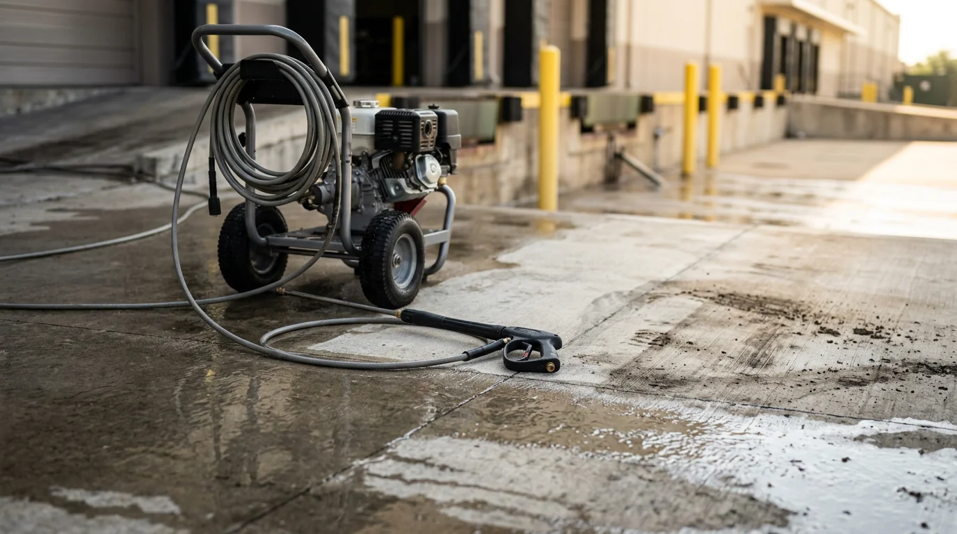 A commercial storefront entry and concrete walkway in Katy, TX being pressure washed, showing the contrast between cleaned and uncleaned surface sections. Grime, algae staining, and dark buildup are visible on the unwashed portion of the concrete.