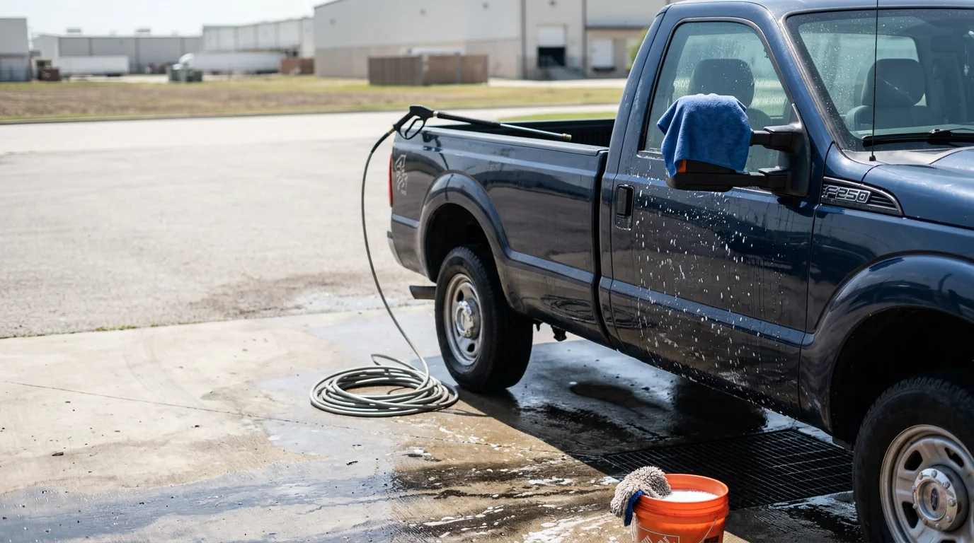 A commercial service truck with visible company graphics being washed at a business yard in Katy, TX, with road grime and soot removed from the cab and body panels. The vehicle exterior is clean and the lettering is clearly visible against the painted surface.