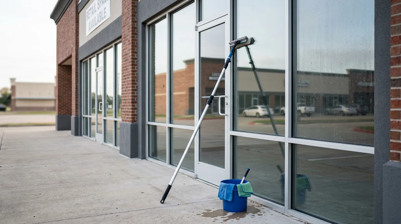 A commercial storefront in Katy, TX with freshly cleaned glass windows reflecting clear afternoon light. A Forge Softwash technician works on the exterior window panels of a retail suite in a Katy business park.