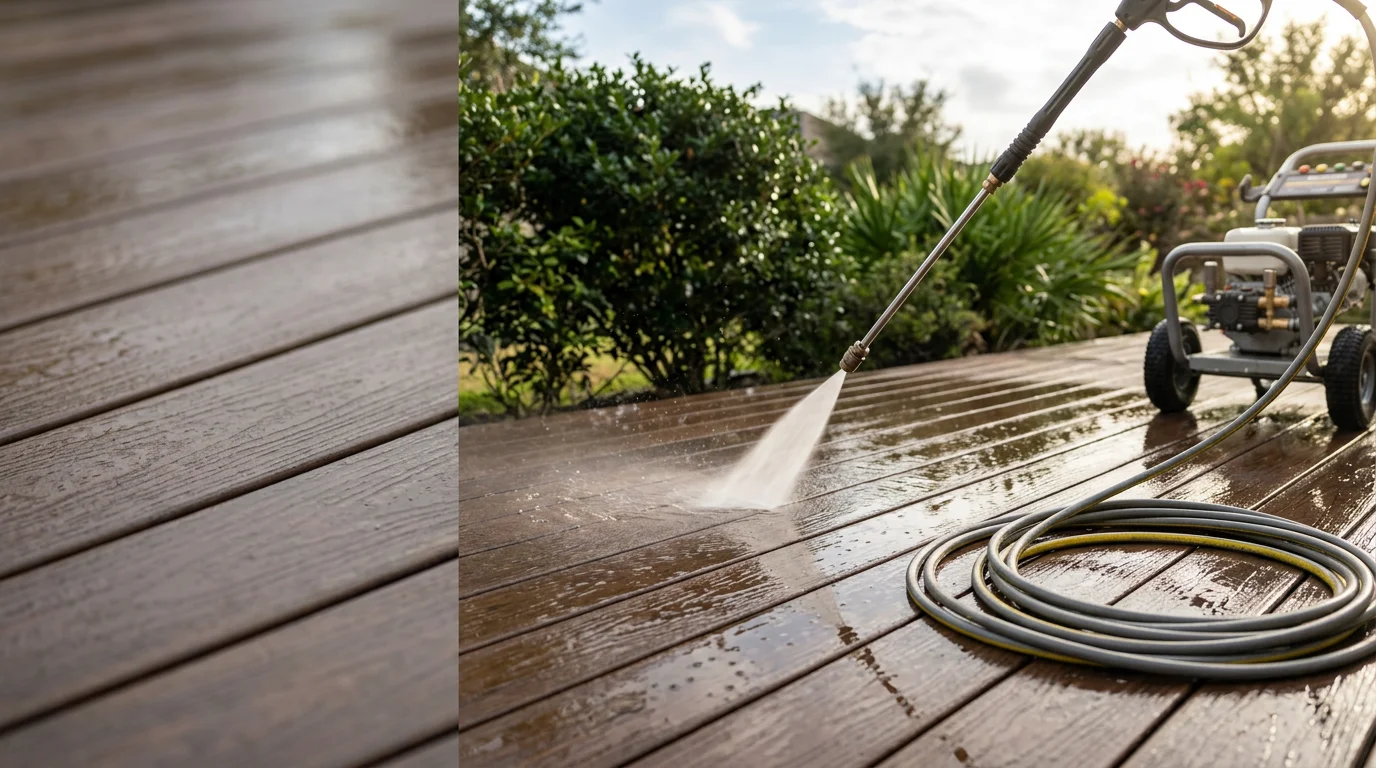 A wood deck in Katy, TX shown after professional pressure washing, with clean board color restored and no visible mold or algae growth. A pressure washing technician works along the deck boards using controlled water pressure on a residential backyard deck.
