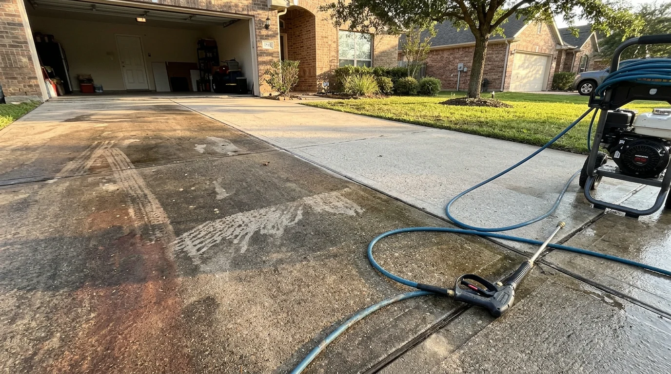 A concrete driveway in a Katy, TX residential neighborhood after professional pressure washing, showing clean, evenly washed surface with oil stains and clay soil discoloration removed.