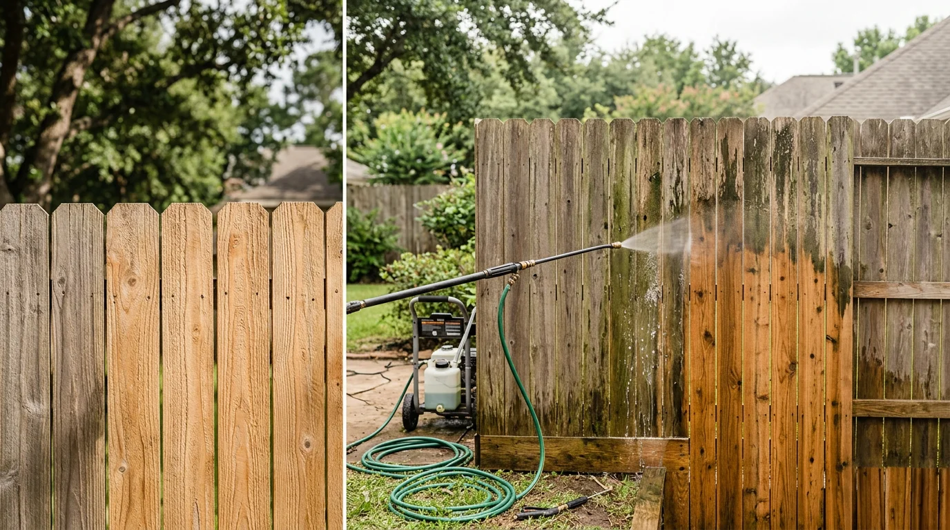 A residential fence in Katy, TX shown after soft wash cleaning, with mold and green algae removed and the surface restored to a clean, even appearance. The fence runs along a residential yard under a bright Texas sky.