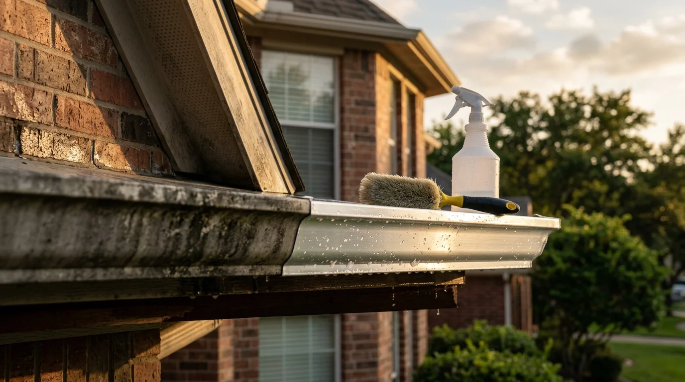 Close-up view of white aluminum gutters on a Katy, TX home showing before and after gutter brightening, with tiger stripe oxidation removed from the exterior face. The cleaned gutter line appears bright and even against the roofline.