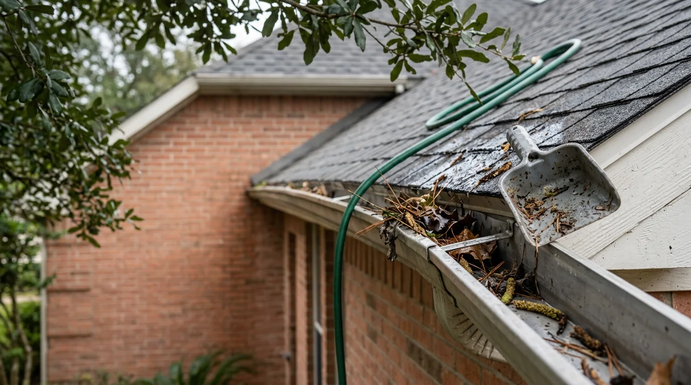 A gutter on a Katy, TX residential home being cleared of compacted leaves, pine needles, and debris. The downspout runs clean after service, with no overflow staining visible on the fascia board.
