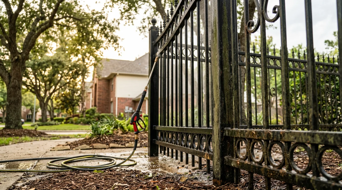 A cleaned ornamental iron fence in a Katy, TX residential yard showing cleared surface staining and restored dark finish after softwash treatment. Close detail of fence rails and joints free of algae and rust-colored streaking.