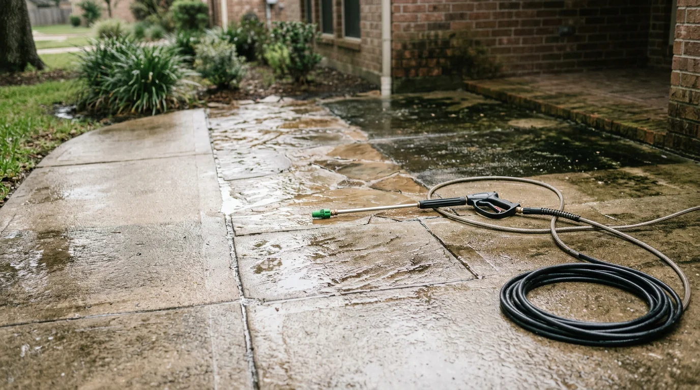 A Katy, TX backyard concrete patio after pressure washing, showing clean gray surface free of green algae and dark staining. Outdoor furniture sits on the freshly cleaned surface beside a residential home.