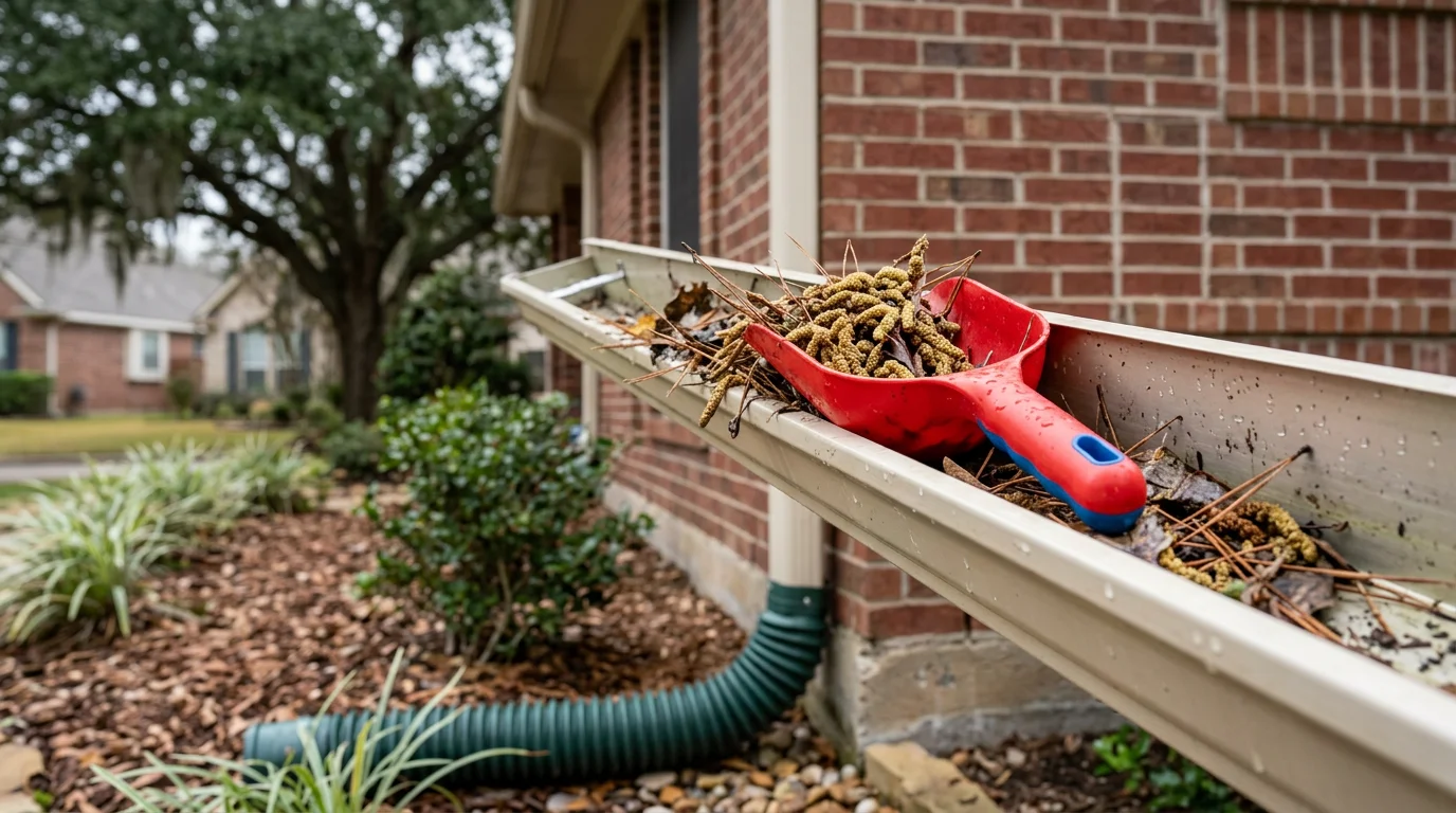 A Forge Softwash technician clearing compacted leaf debris and pine needles from a residential gutter on a single-story home in Katy, TX. The downspout runs clear against a brick exterior with mature trees visible in the background.