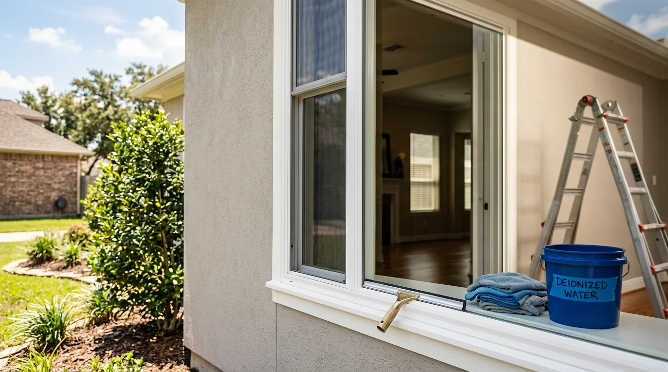 A clean, streak-free window on a single-family home in Katy, TX, with clear glass reflecting the surrounding landscaping. A technician cleans the exterior pane and window frame on a sunny day in a residential neighborhood.