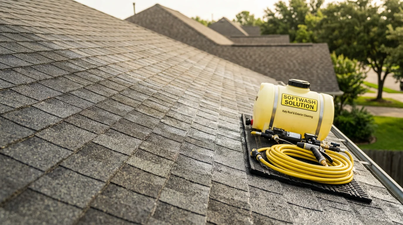 A Katy, TX residential roof before and after soft washing, showing dark algae streaks and green moss removed from asphalt shingles. A Forge Softwash technician applies low-pressure solution from a soft wash rig on a suburban home.