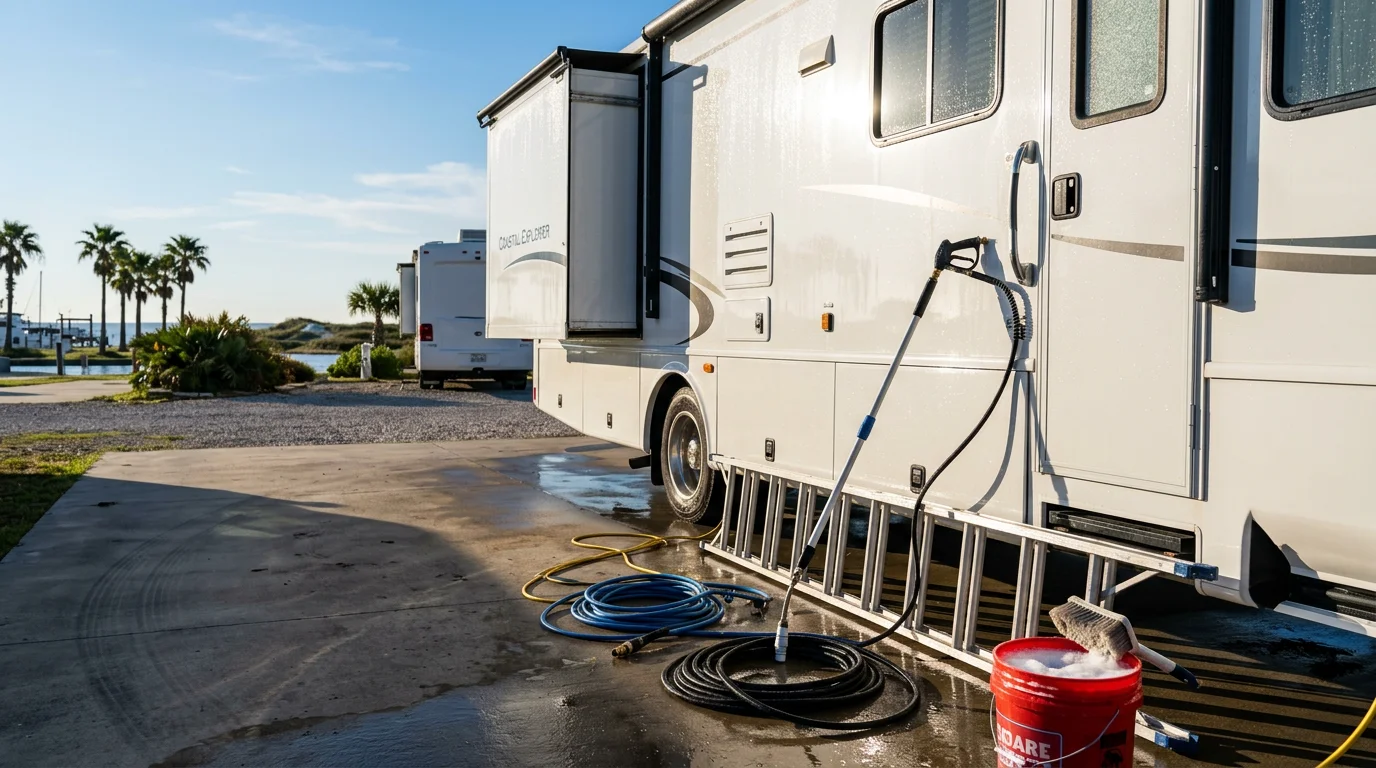 A clean RV with freshly washed fiberglass sidewalls and a clear roof cap parked in a Katy, TX driveway after professional exterior washing. Road grime and algae streaks have been removed from the full length of the rig.