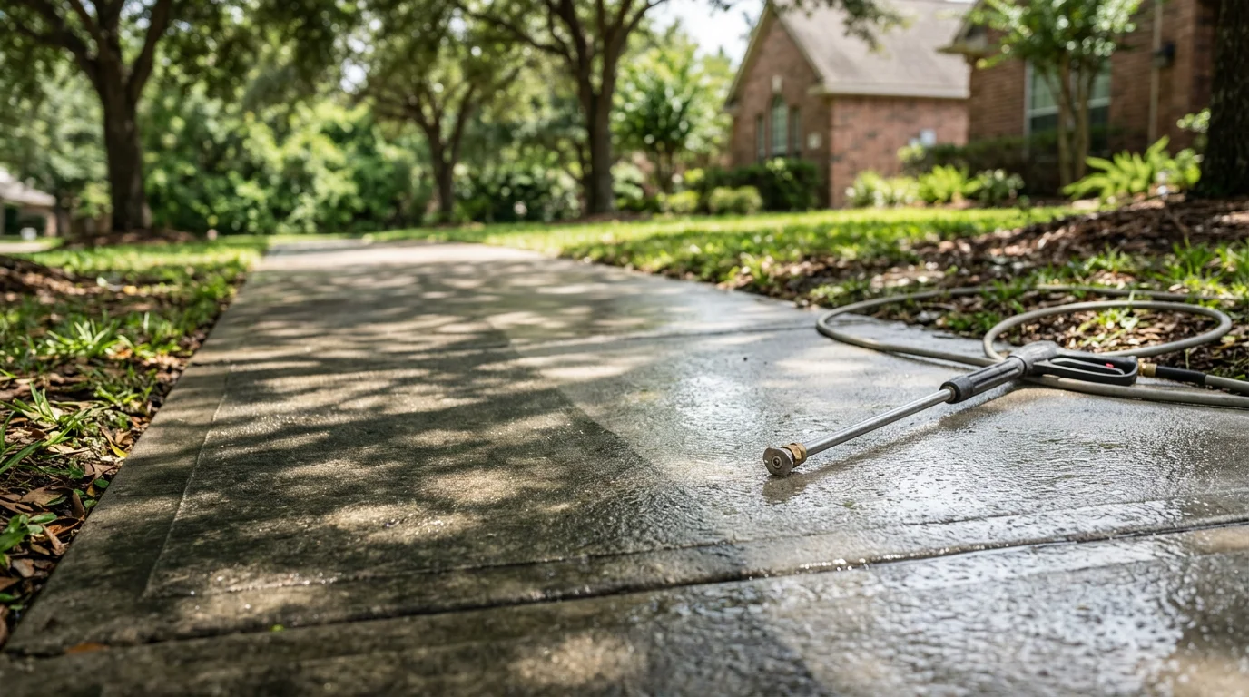 A concrete sidewalk in a Katy, TX residential neighborhood shown before and after pressure washing, with algae and dark staining removed to reveal clean gray concrete. The walkway leads from the street to a home's front entry under a clear Texas sky.