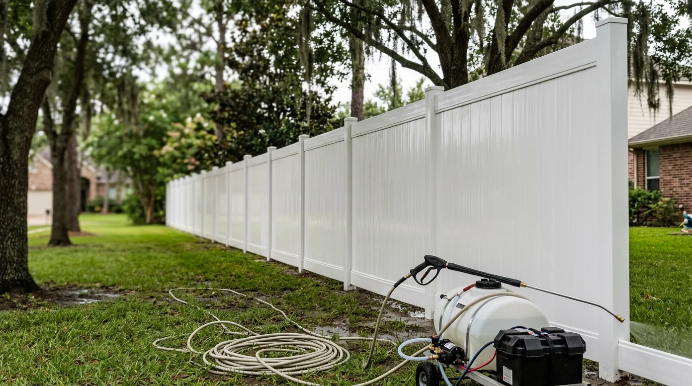 A white vinyl privacy fence in a Katy, TX backyard shown clean and bright after softwash service, with no visible algae or mildew on the panels or posts. Before-and-after view showing green organic staining removed from shaded fence sections.