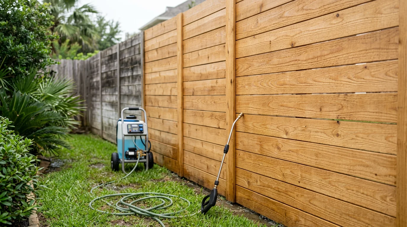 A wood privacy fence in Katy, TX after soft wash cleaning, showing restored natural wood color with mold and dark algae staining removed from the boards. The fence runs along a residential backyard in a Houston-area neighborhood.